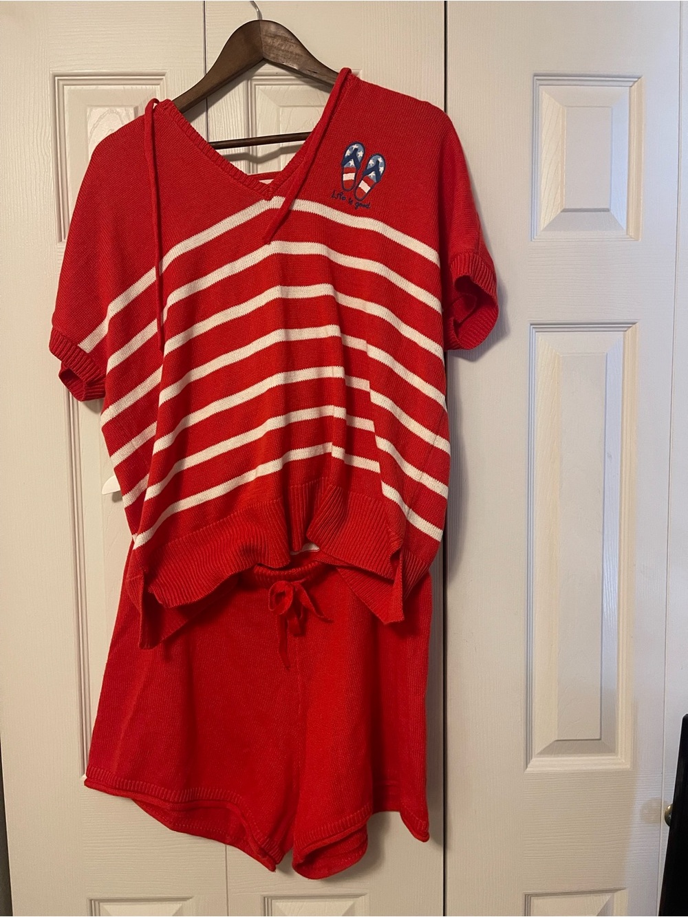 Life Is Good Red and White Striped Short-Sleeve Hoodie Set